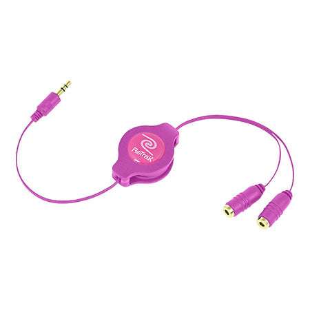 Retractable Headphone Splitter Adapter | Headphone Splitter | Retractable Cord | Pink