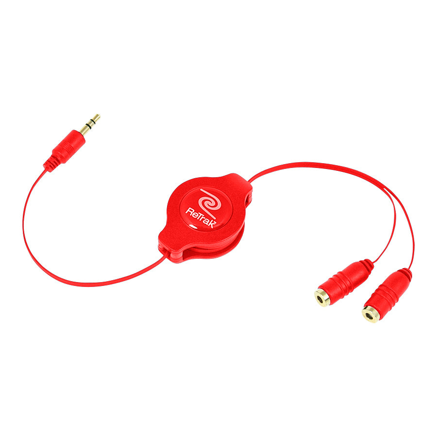 Headphone Splitter Adapter | Headphone Splitter | Retractable Cord | Red