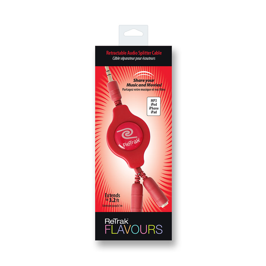 Headphone Splitter Adapter | Headphone Splitter | Retractable Cord | Red