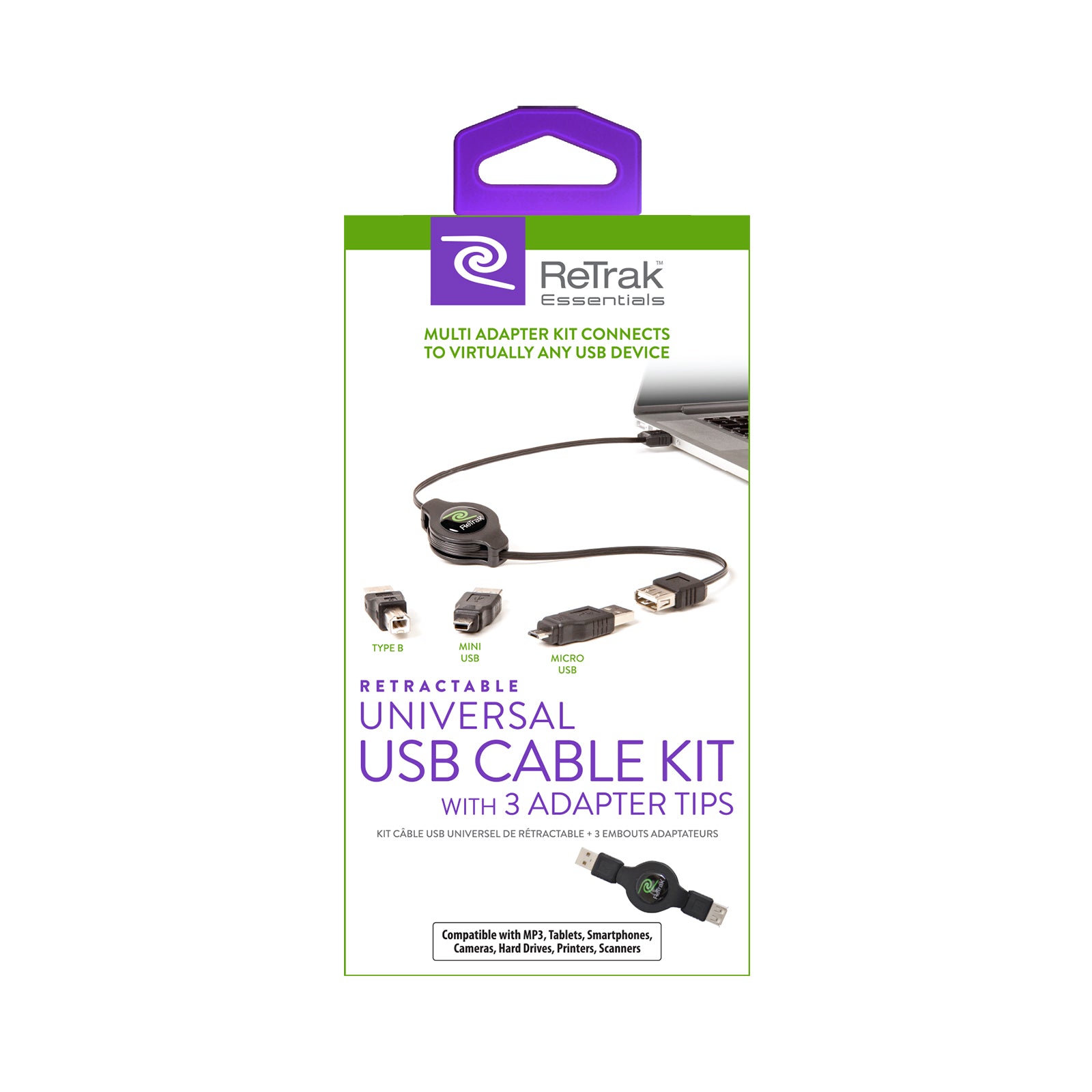 USB Universal Extension Cable | 3 Adapters - USB B, Micro 5, and Mini 5 | Retractable Cable