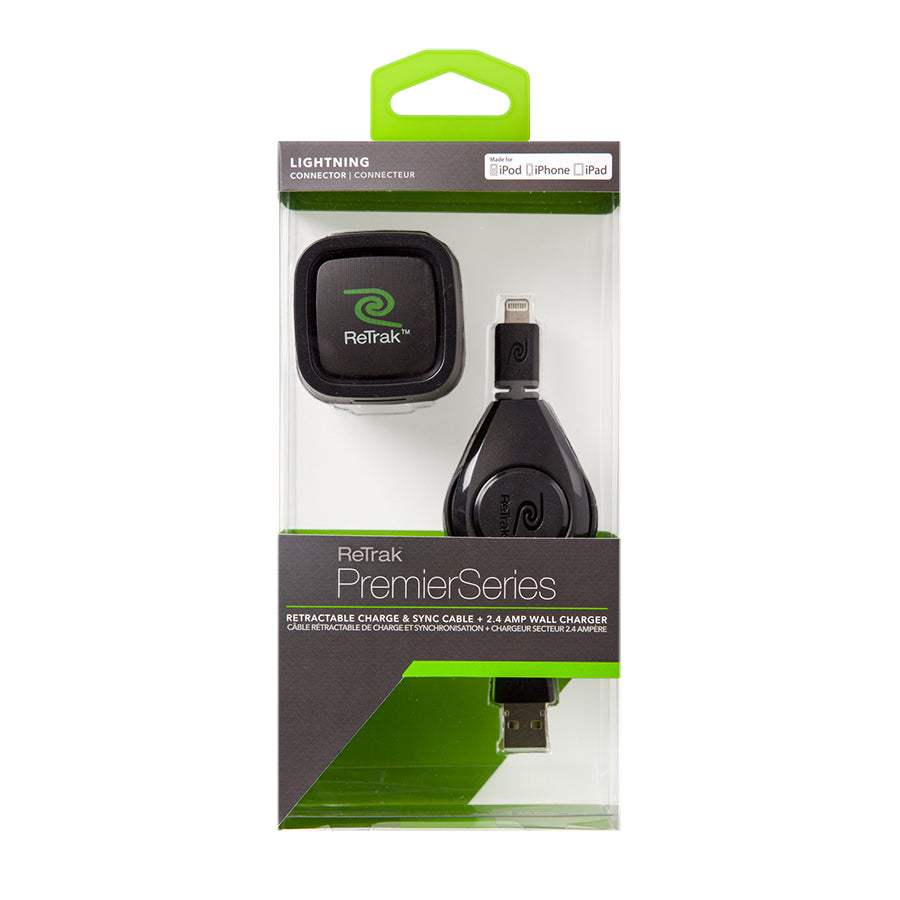 Lightning Wall Charger | Retractable Lightning Charging Cable | 2.4A Wall Charger | Black