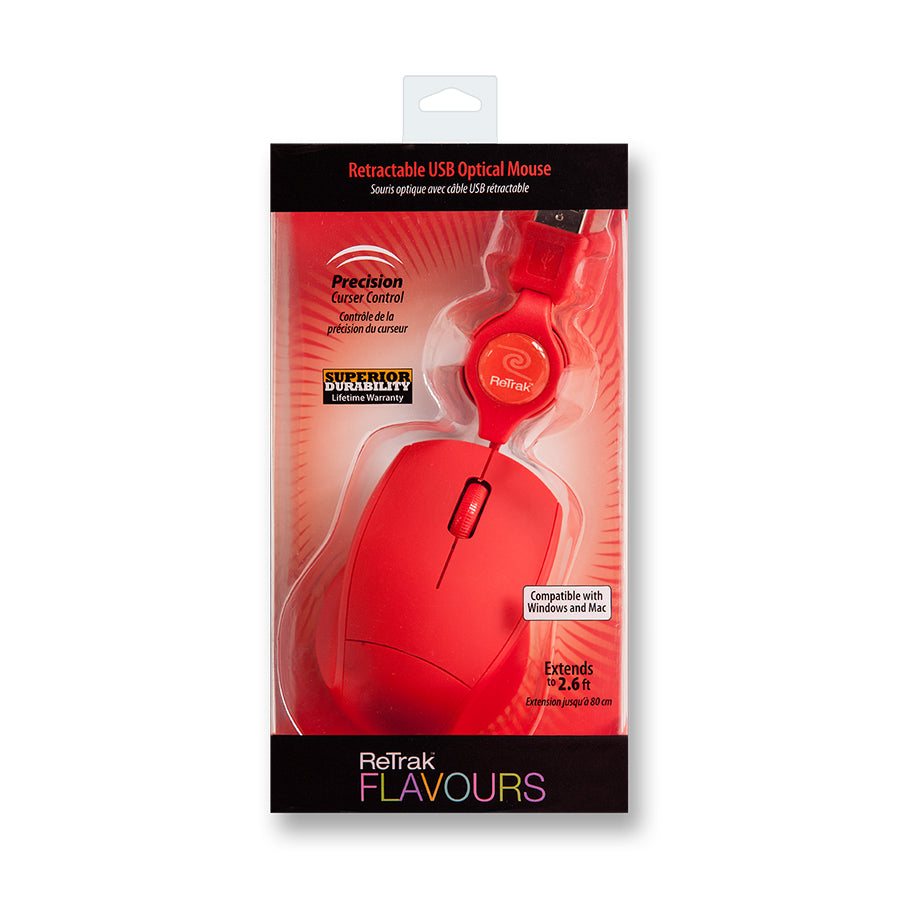 Optical Computer Mouse | Retractable Mouse Cord | Red