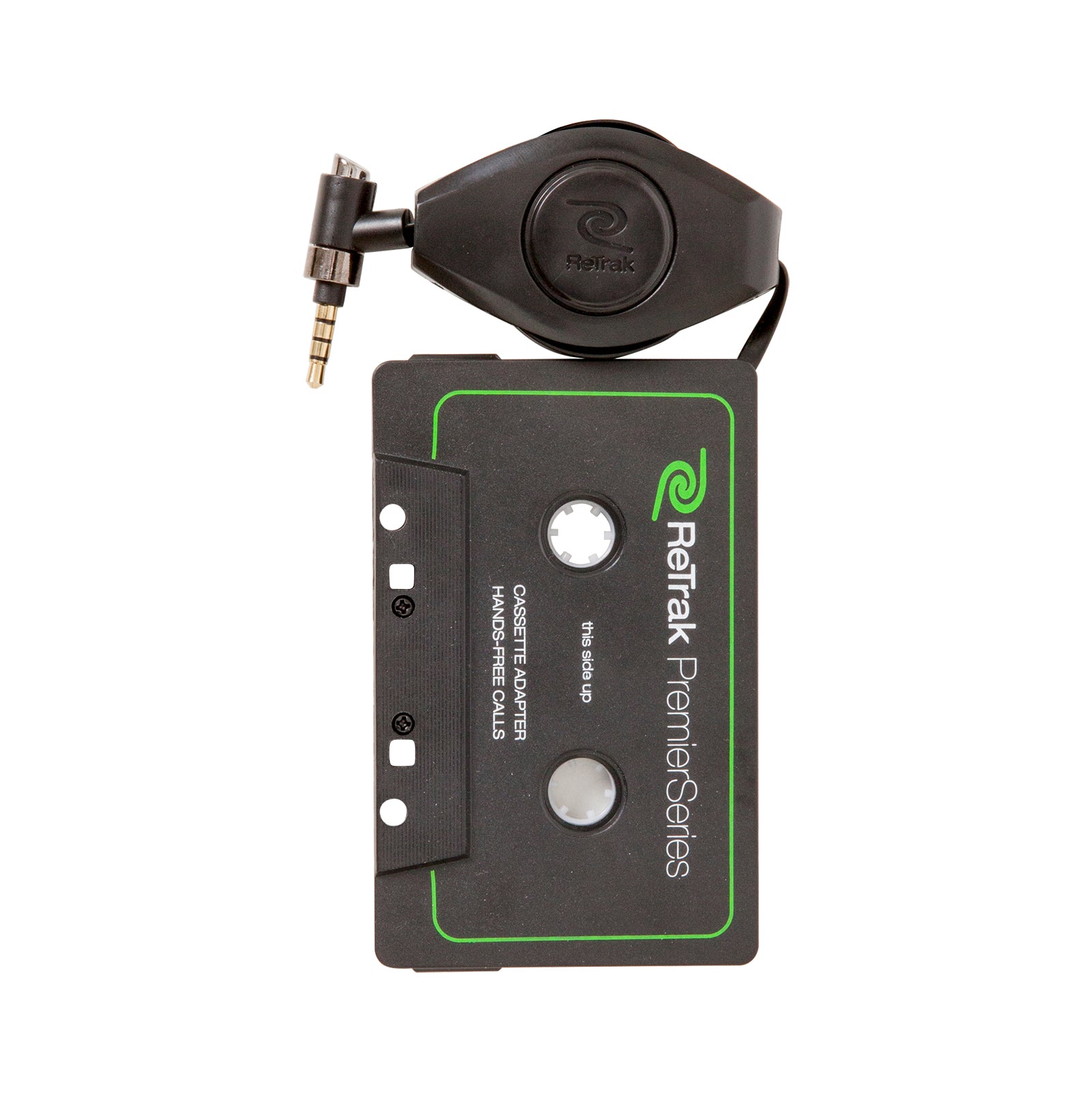 Premier Cassette Adapter with Hands-free Mic | Retractable Cord | Black