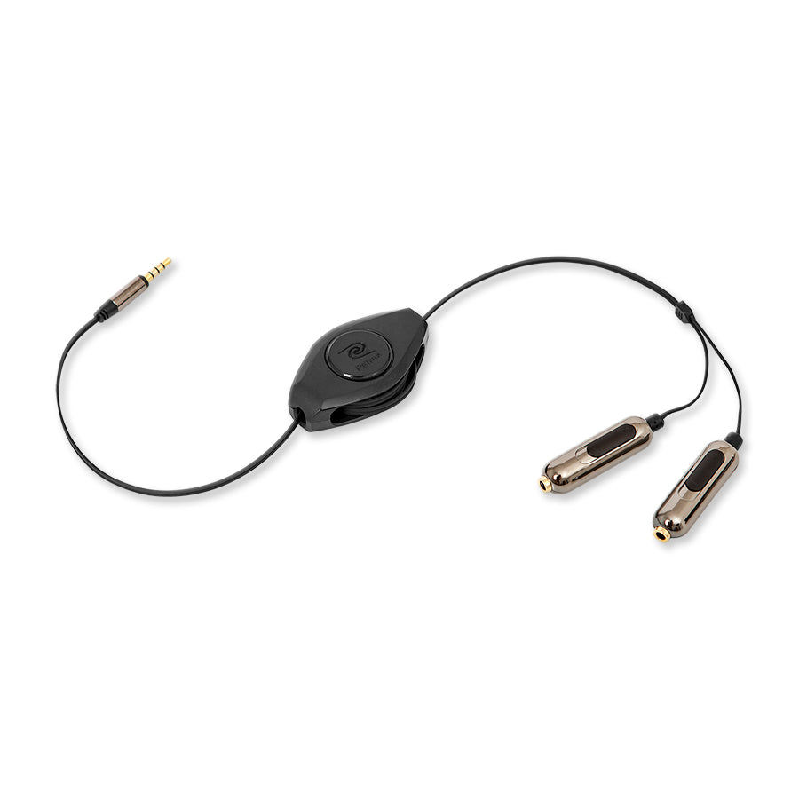 Premier Retractable Audio Headphone Splitter Cable with Individual Volume Controls