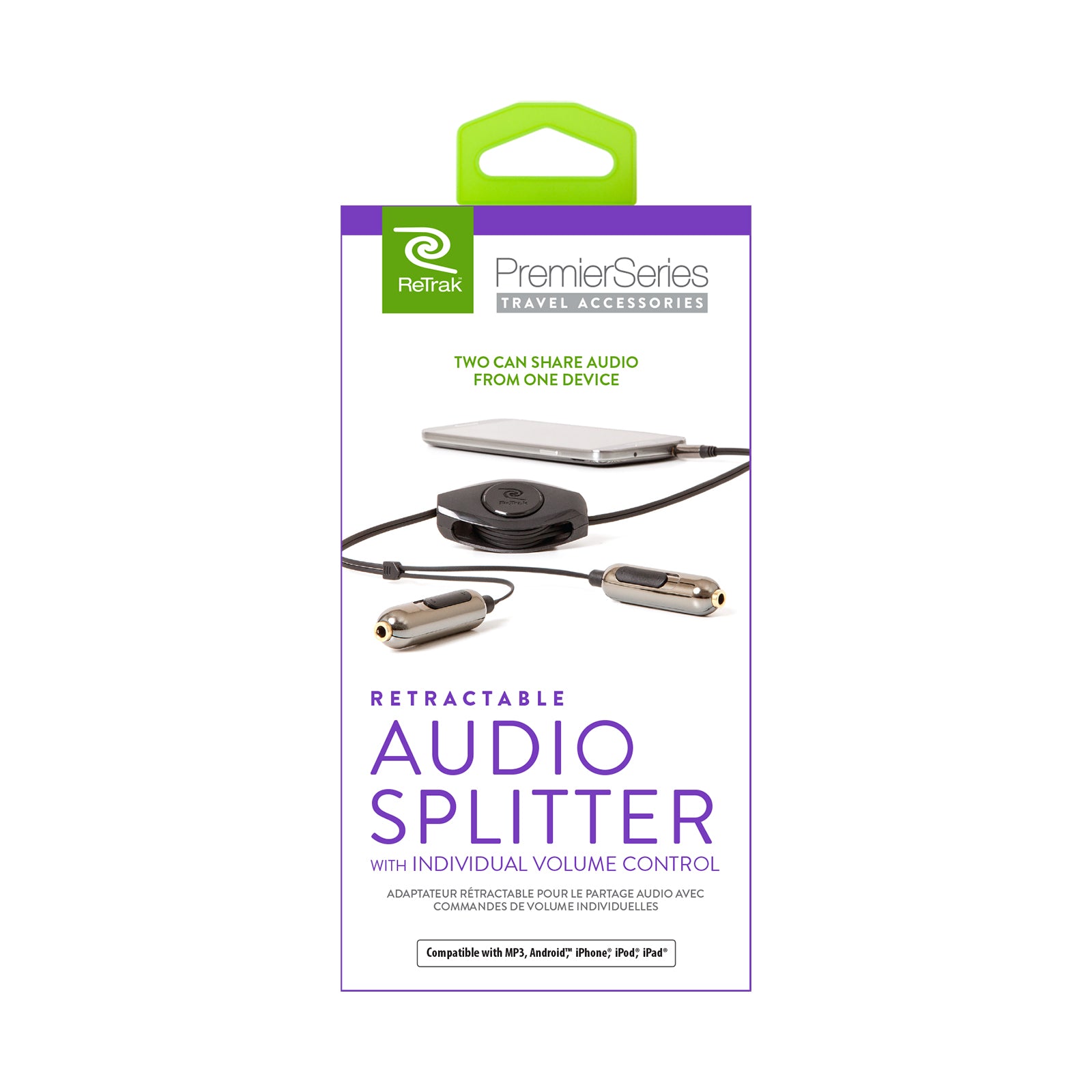 Premier Retractable Audio Headphone Splitter Cable with Individual Volume Controls