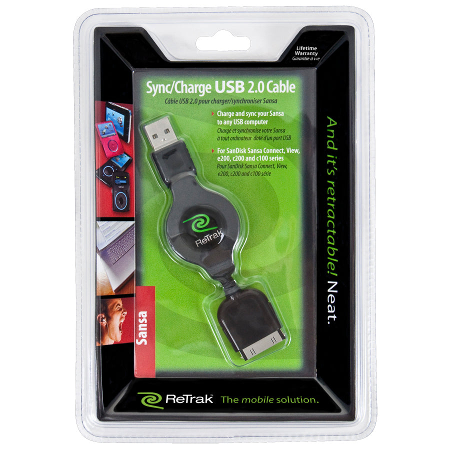 Sansa Cable | Retractable USB Data Sync Cable for Sandisk Sansa | USB 2.0