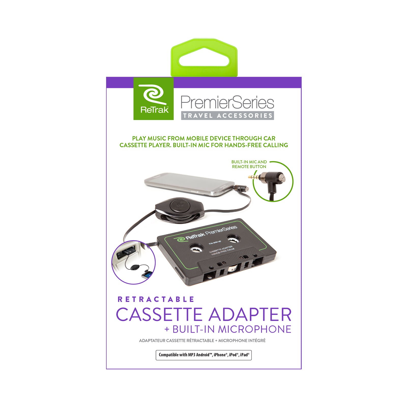 Premier Cassette Adapter with Hands-free Mic | Retractable Cord | Black