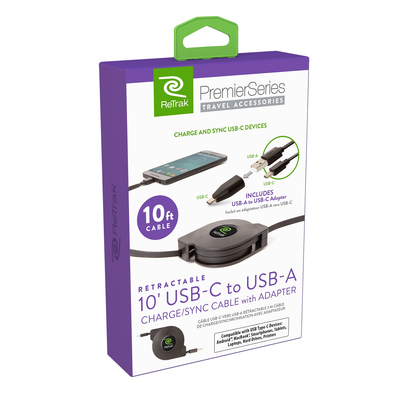 10 Ft USB C to USB A Cable with USB C Adapter| Premier Retractable Charge & Sync USB C Cable