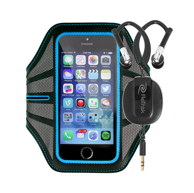 Sports Armband and Earbuds | Sports Over-the-Ear Headphones | Large Armband | Retractable Cord | Blue