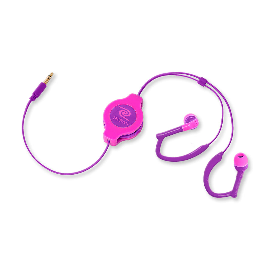 Sports Wrap Earbuds | Behind-the-ear Headphones | Retractable Cord | Neon Pink and Purple