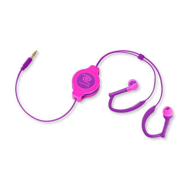 Sports Wrap Earbuds | Behind-the-ear Headphones | Retractable Cord | Neon Pink and Purple