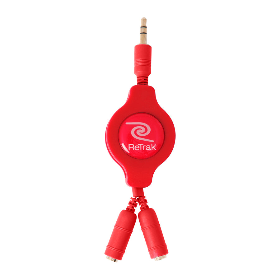 Headphone Splitter Adapter | Headphone Splitter | Retractable Cord | Red