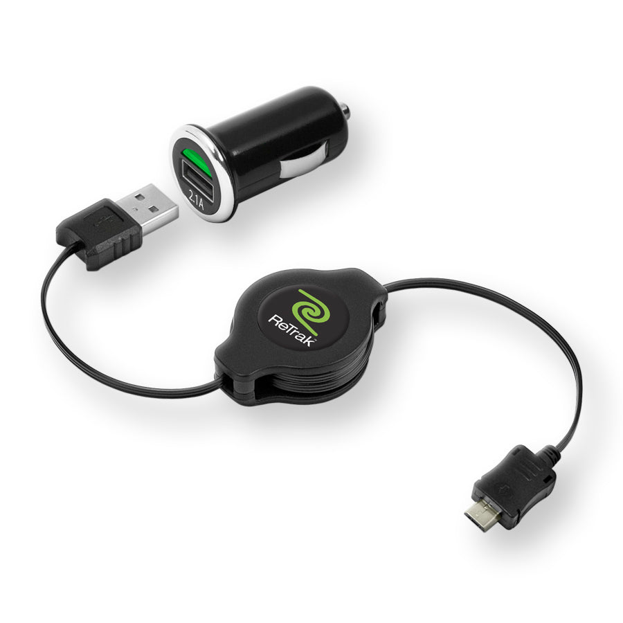 Micro USB Car Charger | 2.1 Amp Car Charger + USB Cable | Retractable Cord