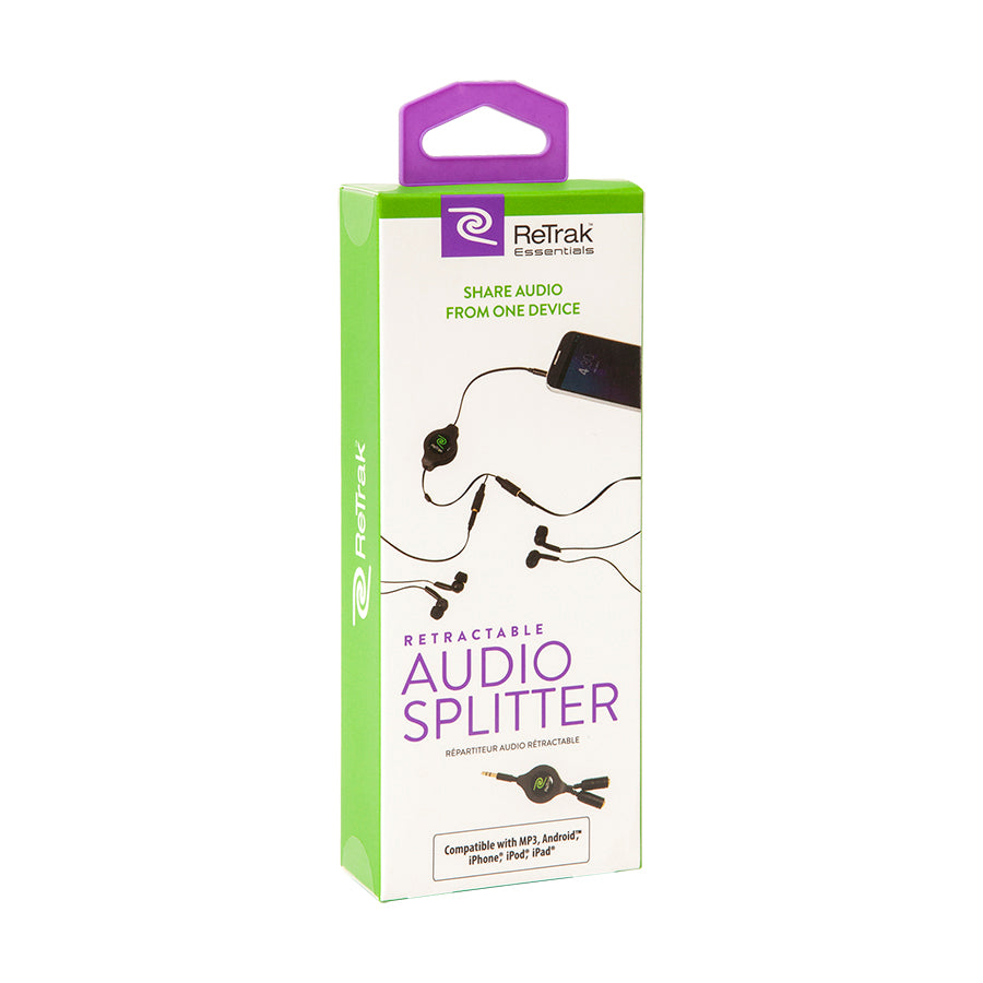 Headphone Splitter | Audio Splitter | Retractable Cord | Black