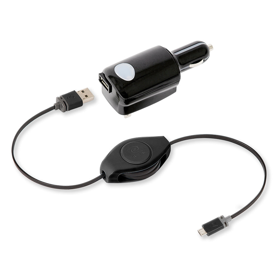 Micro USB Car and Wall Charger | Car Charger + Wall Charger 2.4A | Retractable Micro USB Cable
