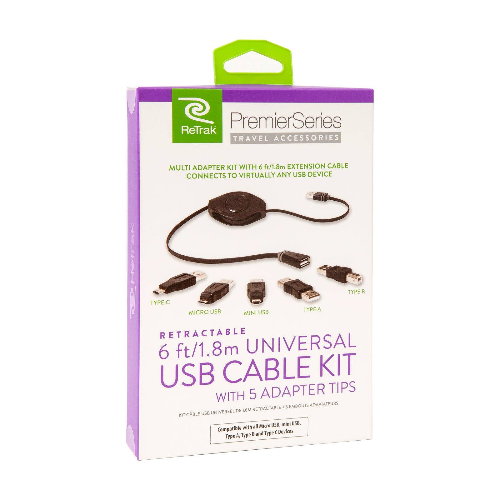 Universal USB Extension Cord | USB B, Micro 5, Mini 5, USB Male to Male, and USB-C | Retractable Cable