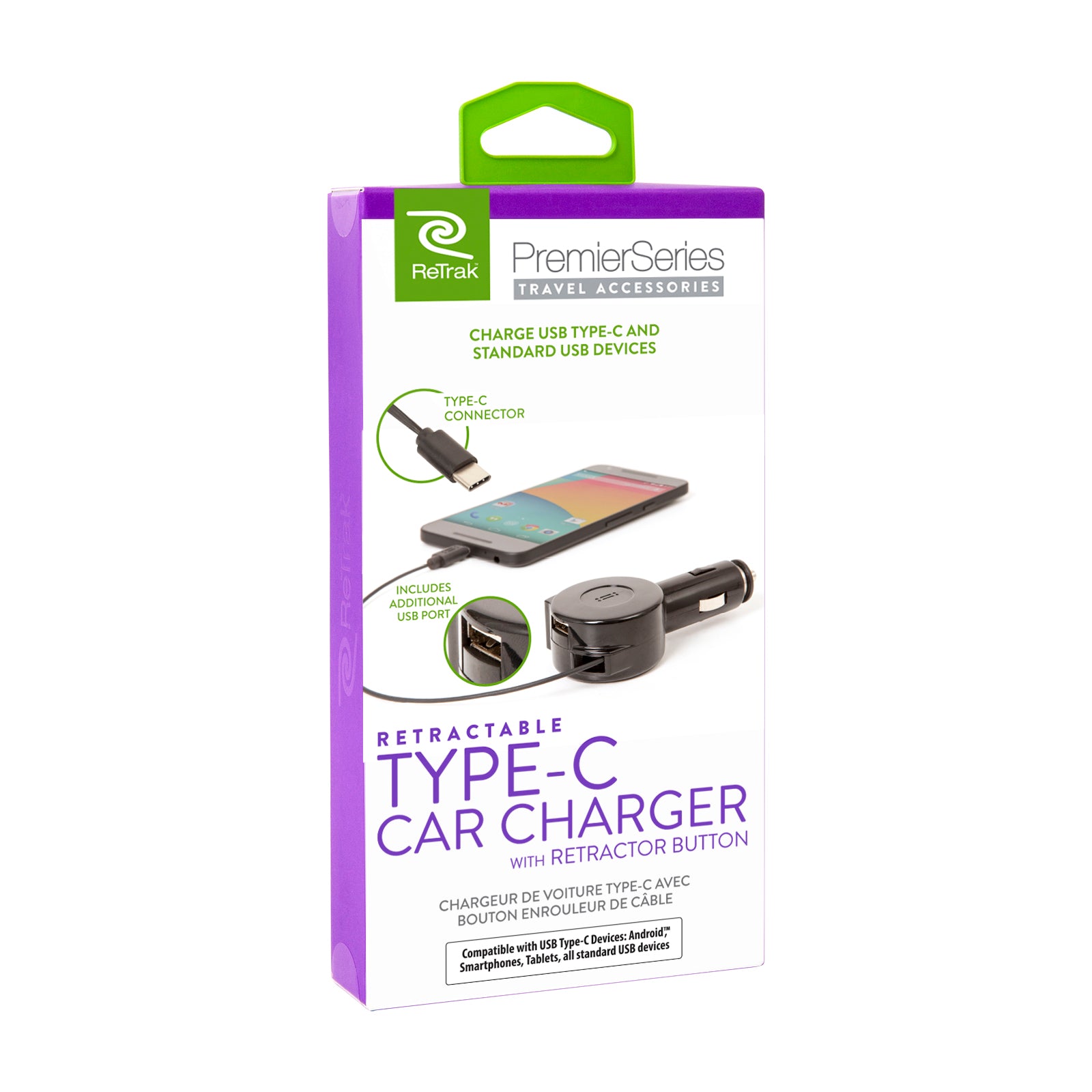 USB-C Car Charger | Retractable Cable + Extra USB Port | Car Charger USB C